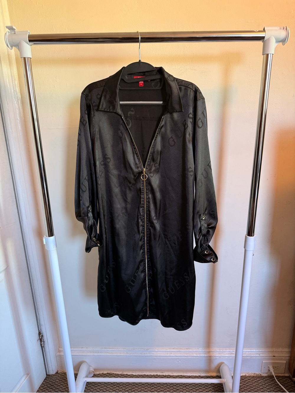 Guess Black Satin Logo Zip Shirt Dress with Ring Pull